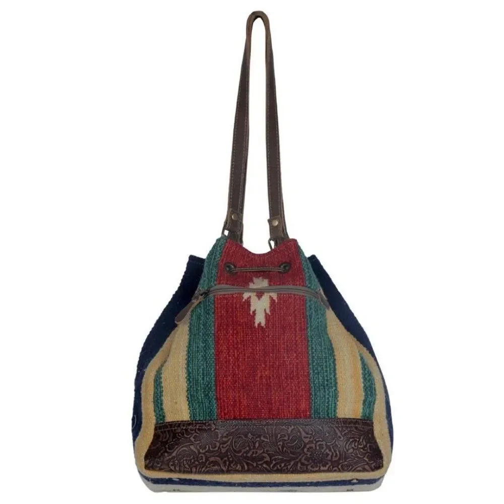 Myra Bag Handmade Radiant Bucket Bag Upcycled Canvas & Cowhide Leather